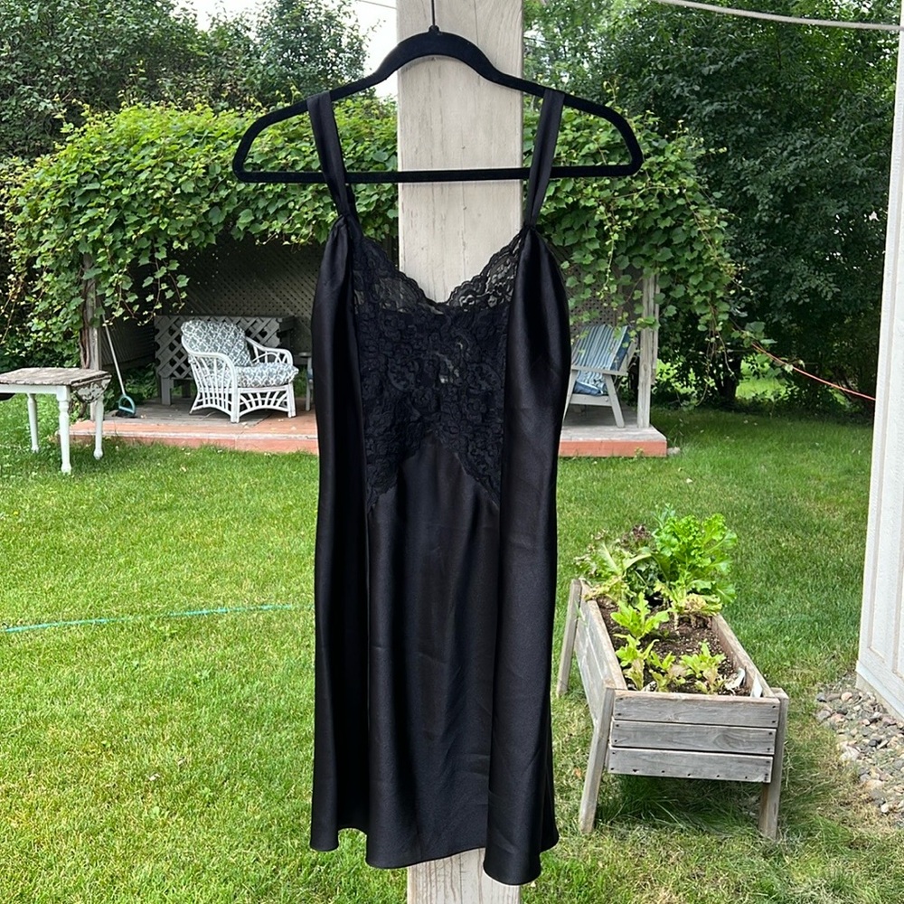 Nordstrom Lingerie Black Satin & Lace Slip Dress